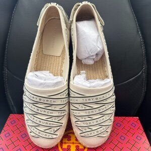 NIB Tory Burch 154672 Ribbon Canvas Espadrille Flats In New Cream/Black Size 7.5